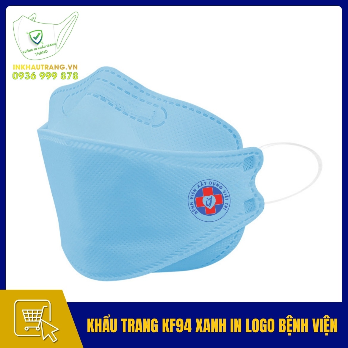 Khau trang KF94 mau xanh duong in logo benh vien