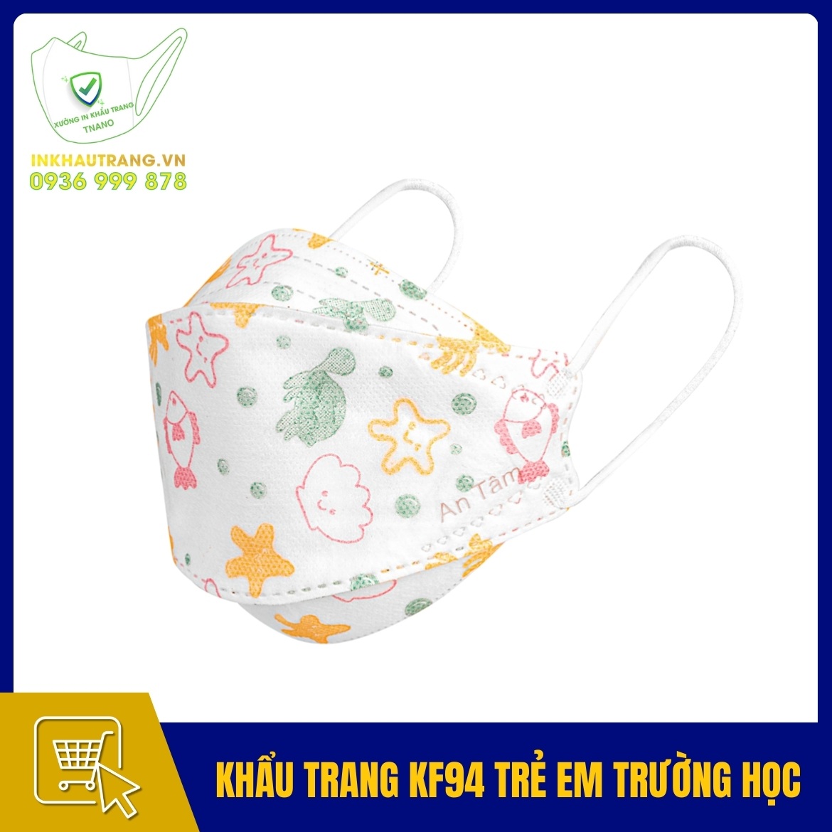Khau trang KF94 tre em in logo truong hoc