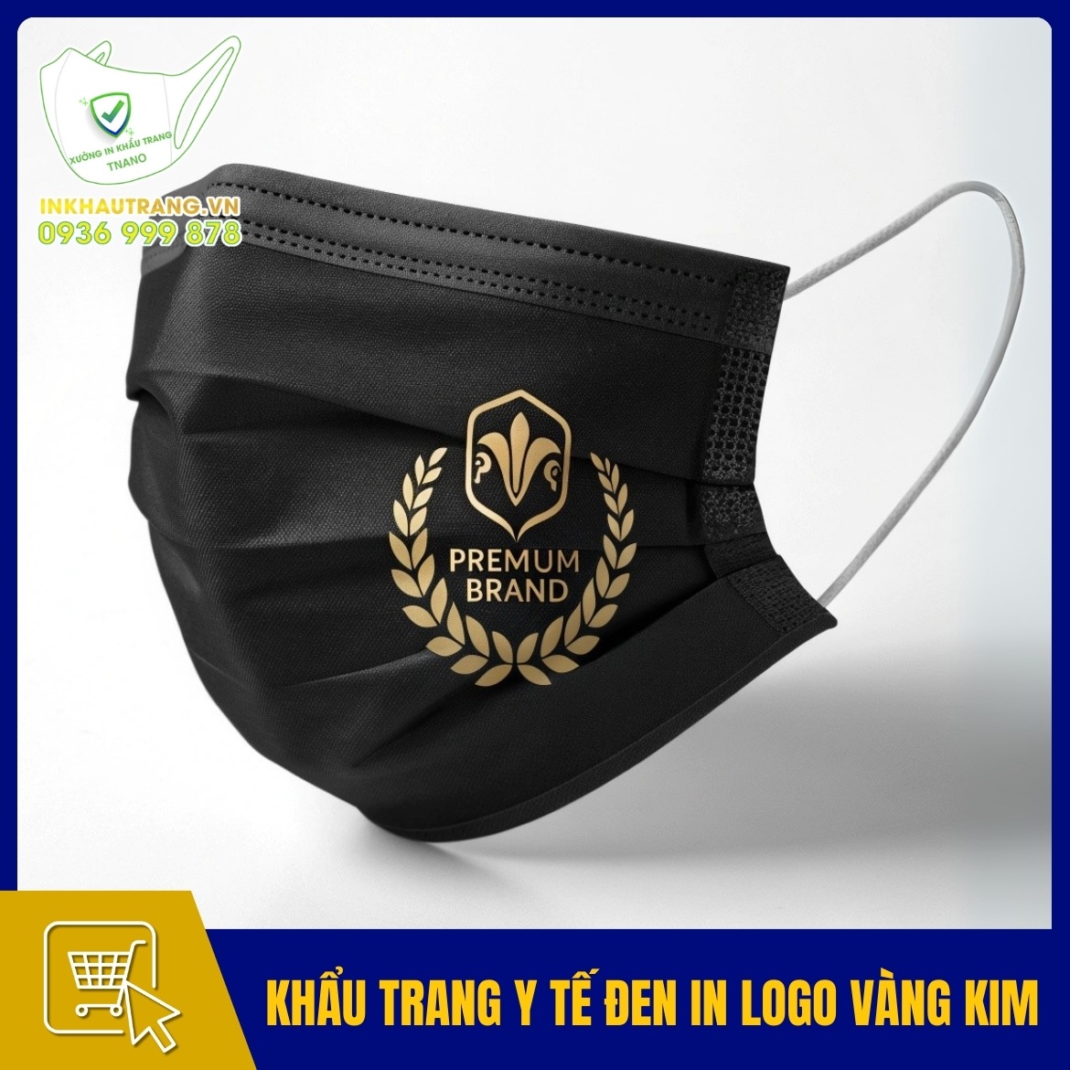 Khau trang y te den in logo vang kim cho thuong hieu cao cap