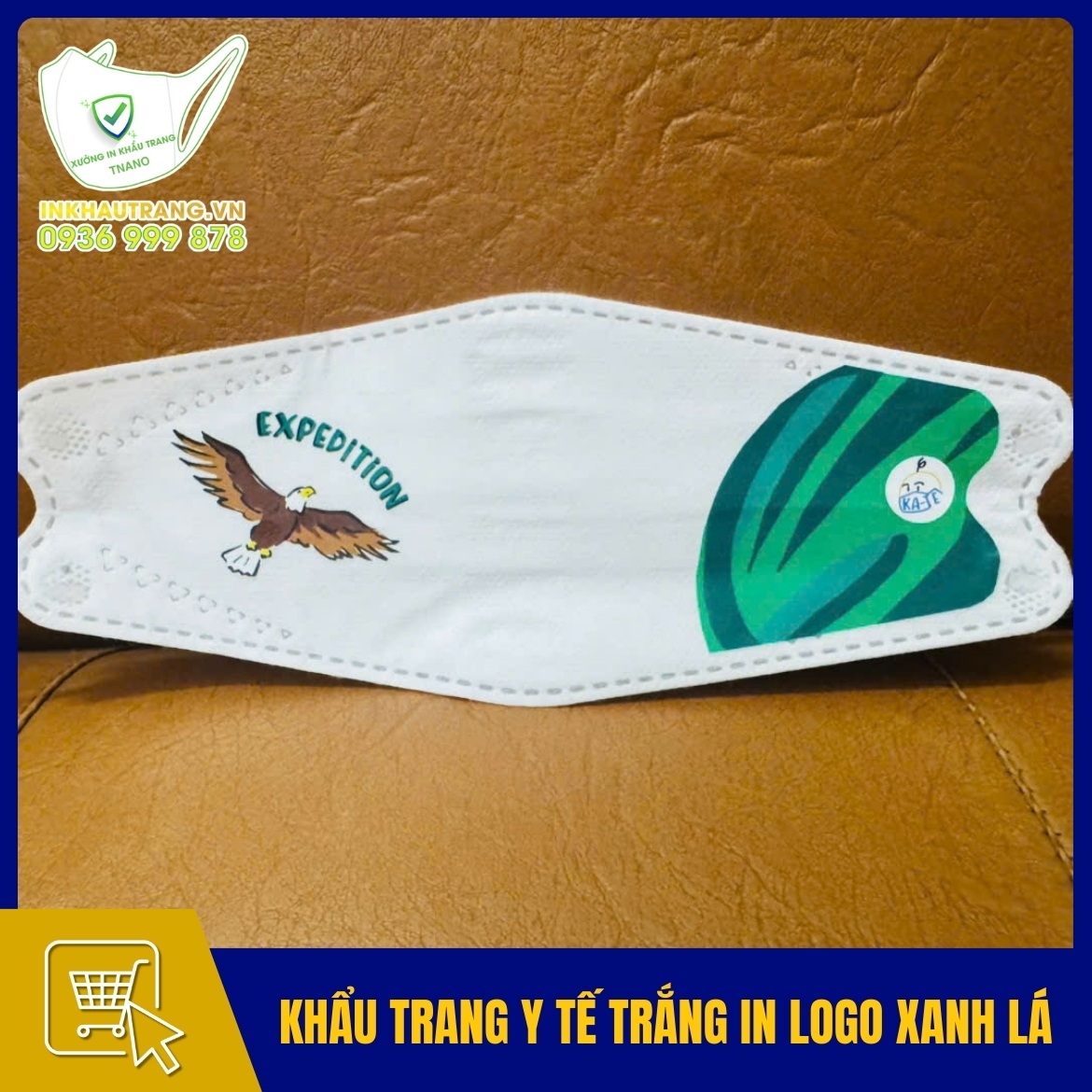 Khau trang y te trang in logo xanh la cay than thien moi truong