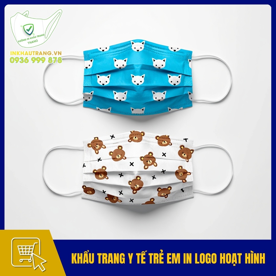 Khau trang y te tre em in logo hoat hinh