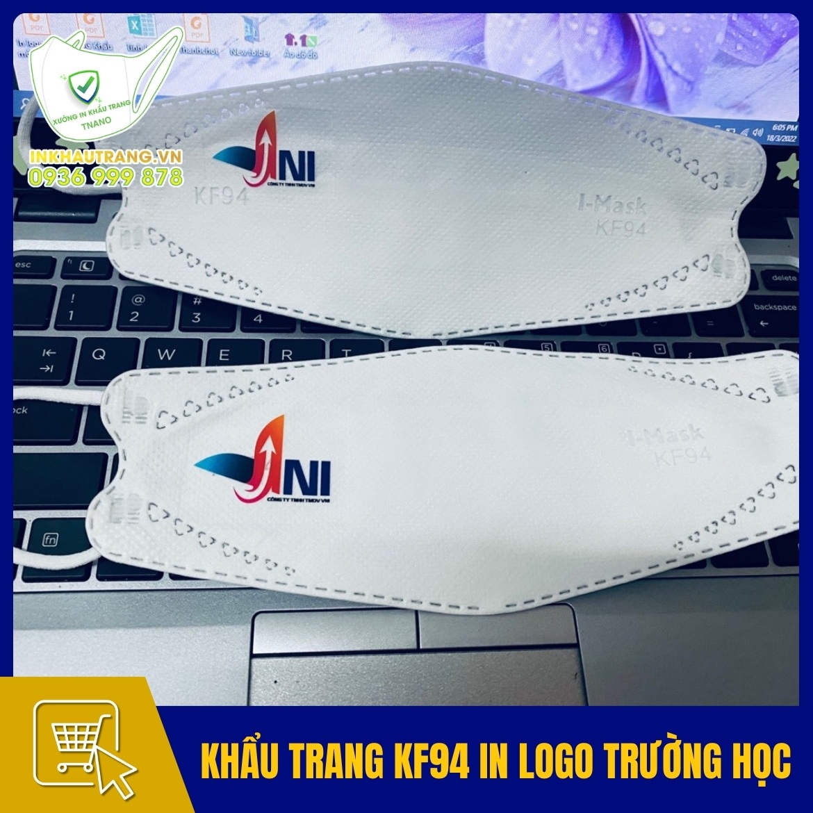 Khau trang KF94 in logo truong hoc cho hoc sinh